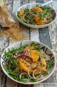 couscous, rocket, leaves, salad, almonds, orange, with, recipe, healthy, quick, easy, package, vegan, vegetarian, food, meal