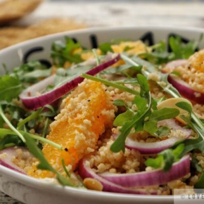couscous, rocket, leaves, salad, orange, fillet, almonds, onion, red, ring, easy, quick, healthy, food, recipe, meal