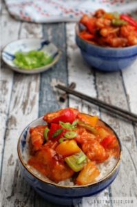 sweet, sour, sauce, chicken, recipe, food, chinese, tasty, red, color, scallions, bowls, delicious