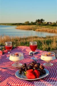 Koldskål, Kammerjunker, strawberry, juice, grapes, picnic, sunset, shells, meadow, flowers, view, nature, enjoy, life, Vrinners, Dänemark, lovethatbite