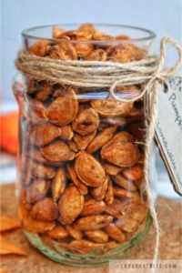 pumpkin, seeds, roasted, spiced, recipe, mason jar, jar, glass, delicious, snacks, tasty, how to make, roast, lovethatbite