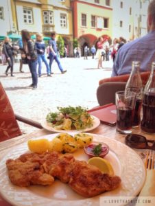 wiener Schnitzel, Innsbruck, Austria, food, restaurant, salad, potato, cranberry, lemon, culinary