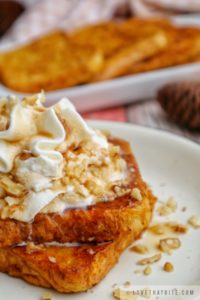 the best, fall, breakfast, pumpkin, french toast, recipe, how to make, drizzle, maple syrup, walnut, chopped, whipped cream